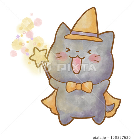 ハロウィンの仮装をしたかわいい黒猫が魔法をかけている水彩風イラスト 130857626