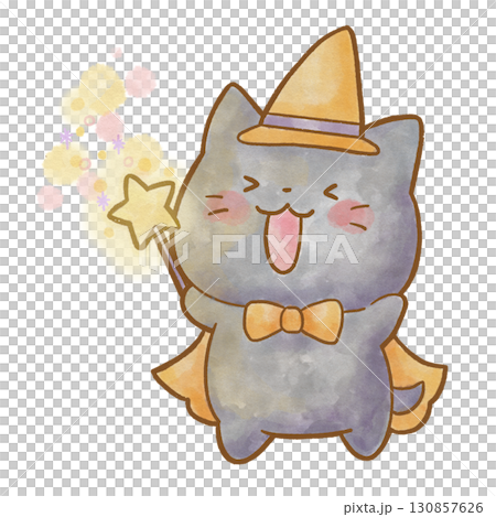 ハロウィンの仮装をしたかわいい黒猫が魔法をかけている水彩風イラスト 130857626