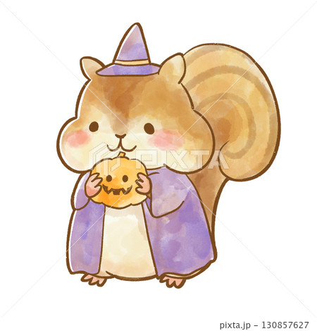 ハロウィン衣装のリスとジャックオランタンの水彩風イラスト 130857627