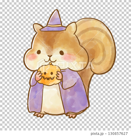 ハロウィン衣装のリスとジャックオランタンの水彩風イラスト 130857627