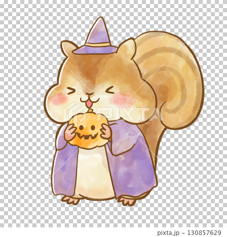 萬聖節服裝中微笑的松鼠和南瓜燈的水彩插圖 130857629