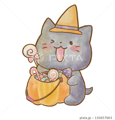 ハロウィンの仮装をしてお菓子の入ったカボチャを抱えるかわいい黒猫の水彩風イラスト/子ども向け 130857663