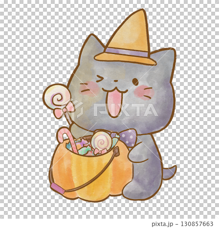 ハロウィンの仮装をしてお菓子の入ったカボチャを抱えるかわいい黒猫の水彩風イラスト/子ども向け 130857663