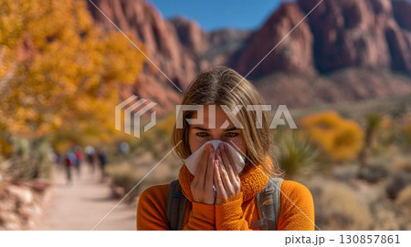 Sunlit Hiking Moment. Woman sneezes on a sunlit trail surrounded by mountains Sunlit Hiking Moment. Woman sneezes on a sunlit trail surrounded by mountains 130857861