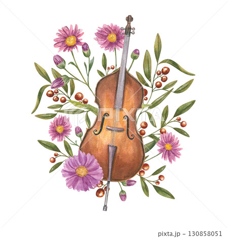 Watercolor contrabass with autumn blooming chrysanthemum and decorative berry plant illustration on isolated background. Double bass musical instrument, aster flower, evergreen cotoneaster composition Watercolor contrabass with autumn blooming chrysanthemum and decorative berry plant illustration on isolated background. Double bass musical instrument, aster flower, evergreen cotoneaster composition 130858051