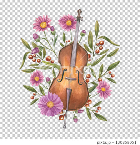 Watercolor contrabass with autumn blooming chrysanthemum and decorative berry plant illustration on isolated background. Double bass musical instrument, aster flower, evergreen cotoneaster composition 130858051