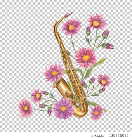 Watercolor brass saxophone among autumn blooming purple aster flowers illustration on isolated background. Floral composition of woodwind musical instrument, chrysanthemum bouquet for festival poster. 130858052
