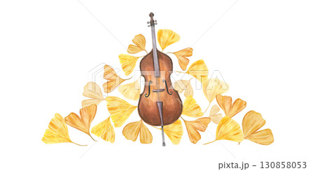 Brown contrabass on golden gingko biloba leaves watercolor illustration on isolated background. Classical musical instrument, autumn tree leaf. Musical composition for festival decor, concert poster. 130858053
