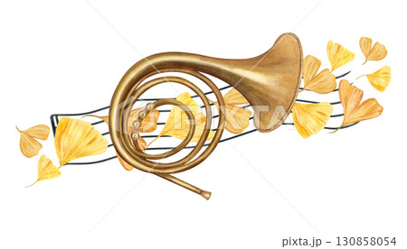 French horn on black musical staff with golden gingko biloba leaves watercolor illustration on isolated background. Wind instrument, note stave and autumn leaf composition for festival design. French horn on black musical staff with golden gingko biloba leaves watercolor illustration on isolated background. Wind instrument, note stave and autumn leaf composition for festival design. 130858054
