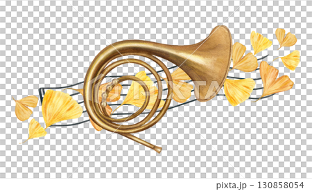 French horn on black musical staff with golden gingko biloba leaves watercolor illustration on isolated background. Wind instrument, note stave and autumn leaf composition for festival design. French horn on black musical staff with golden gingko biloba leaves watercolor illustration on isolated background. Wind instrument, note stave and autumn leaf composition for festival design. 130858054
