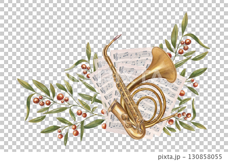 French horn, saxophone on music note papers and red berry plant watercolor illustration on isolated background. Vintage classical musical wind instruments, books, evergreen branches for invitation. French horn, saxophone on music note papers and red berry plant watercolor illustration on isolated background. Vintage classical musical wind instruments, books, evergreen branches for invitation. 130858055