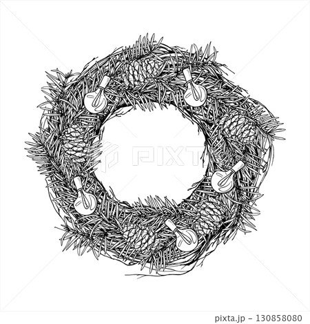 Monochrome vector spruce wreath decorated cones and glass lamps outline drawing. Christmas pine and lights line ink illustration. For holiday decorations, festive packaging, winter designs 130858080