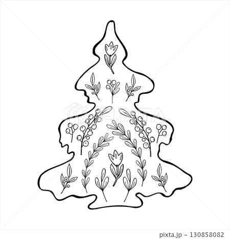 Minimalistic Christmas tree decorated flowers and berry plant branches in doodle style vector illustration painted by black inks. Hand drawn Xmas element sketch for holiday card, festive design 130858082
