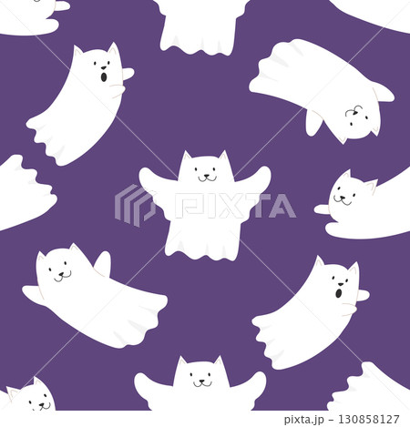A cute seamless pattern with flying ghost cats. Fun Halloween background. 130858127