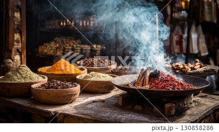traditional spices on wooden background traditional spices on wooden background 130858286