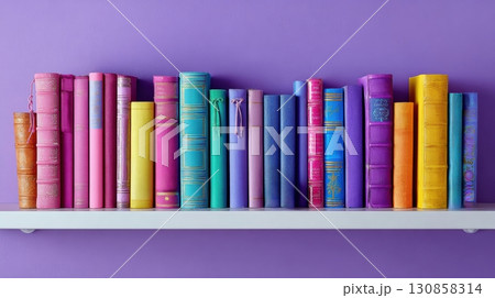 Minimalist bookshelf with vibrant, multicolored books 130858314