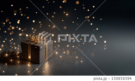 Elegant gift box wrapped in dark paper with a shiny ribbon 130858394