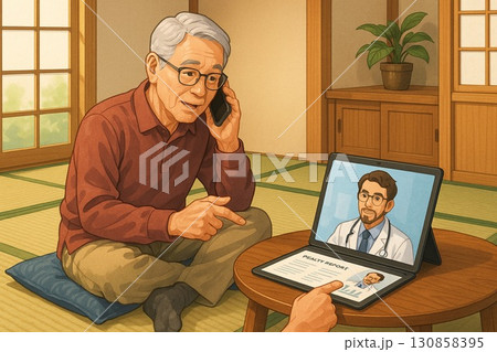 畳の上で健診結果を話し合う 130858395