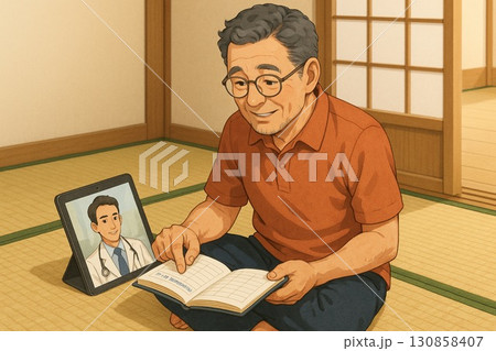 畳の上で診療予定を確認 130858407