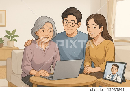 医師との通話に寄り添う家族 130858414