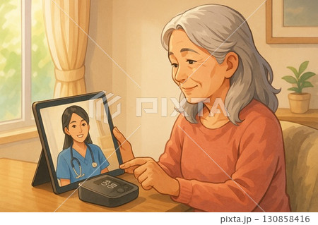 看護師と遠隔で話す高齢女性 130858416