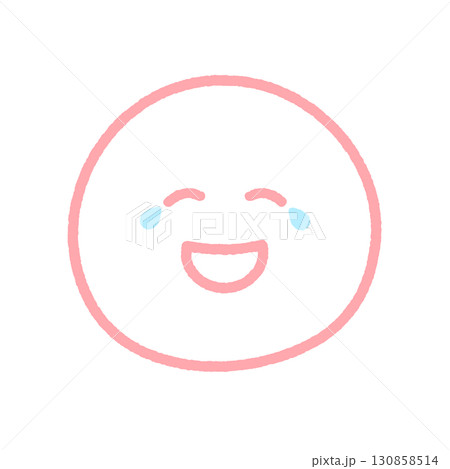 涙を流して笑っているニコニコ顔の手描きのピンク色の絵文字アイコン｜爆笑や大笑い、うれし泣きのイラスト 130858514