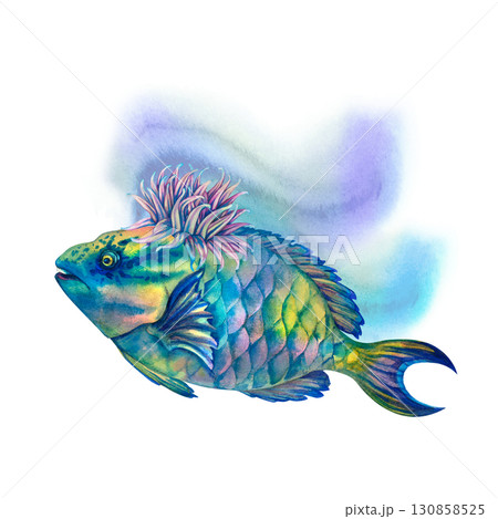 Neon tropical parrotfish with rainbow anemones. Underwater seascape in watercolor style. Template for design, cards, posters, children's books, stickers, scrapbooking, textiles, diving and snorkeling 130858525