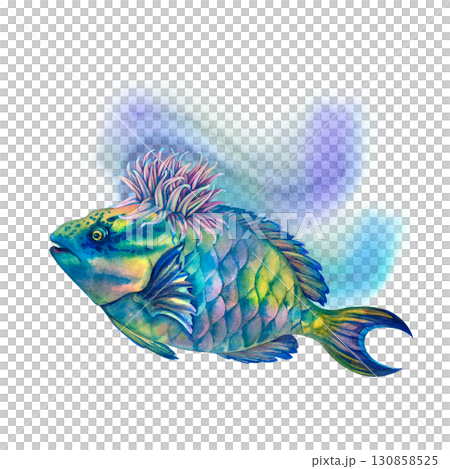 Neon tropical parrotfish with rainbow anemones. Underwater seascape in watercolor style. Template for design, cards, posters, children's books, stickers, scrapbooking, textiles, diving and snorkeling 130858525