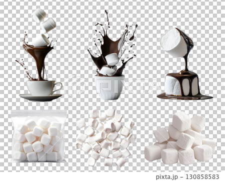 White fluffy marshmallow with melted splashing dripping chocolate cocoa, drink cup, sealed foil pack, pile stack group, sweet dessert on transparent cutout PNG. Many different style. Mockup White fluffy marshmallow with melted splashing dripping chocolate cocoa, drink cup, sealed foil pack, pile stack group, sweet dessert on transparent cutout PNG. Many different style. Mockup 130858583