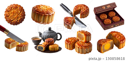 Set of mooncake, Chinese Mid-Autumn Festival pastry, lotus red bean paste filling, knife, oriental tea set gift box, stack broken bitten slice half on transparent cutout PNG. Mockup 130858618