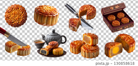 Set of mooncake, Chinese Mid-Autumn Festival pastry, lotus red bean paste filling, knife, oriental tea set gift box, stack broken bitten slice half on transparent cutout PNG. Mockup 130858618