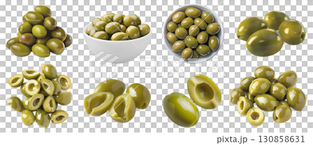 Green olive olives fruit vegetable, many angles and view side top front bowl pile slice isolated on transparent background cutout, PNG file. Mockup 130858631