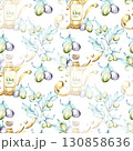 Seamless pattern of olives and olive oil in watercolor technique for background and wallpaper that celebrates Italian cuisine and natures beauty 130858636