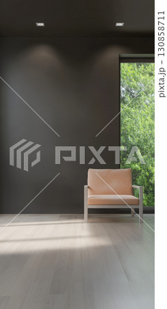 Modern interior design featuring a minimalist chair and large window with greenery during daytime Modern interior design featuring a minimalist chair and large window with greenery during daytime 130858711