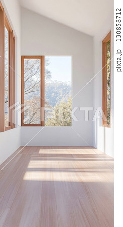 Bright and open interior of modern house with wooden windows overlooking scenic view Bright and open interior of modern house with wooden windows overlooking scenic view 130858712