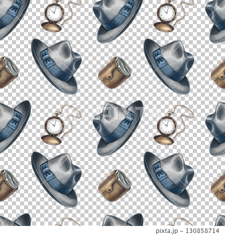Seamless pattern featuring men's hats, wallets, and antique pocket watches. Hand-drawn watercolor illustration. For textiles, packaging and labels, wallpapers, wrapping paper, decor, and murals. 130858714
