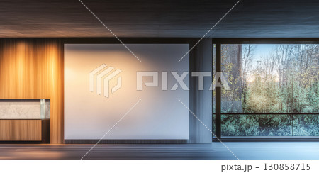 Modern interior design showcases minimalist aesthetics and large window with forest view 130858715