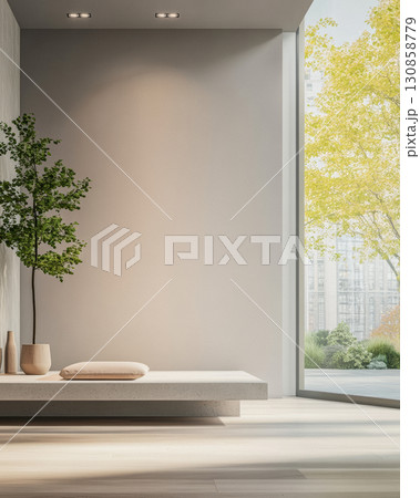 Contemporary indoor space featuring minimalist design with natural light and greenery in a peaceful setting 130858779