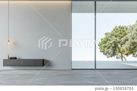 Modern interior design with large windows showcasing a tree view in a serene space 130858783