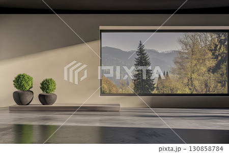 Modern interior with large window showcasing mountain landscape and potted plants during daylight 130858784