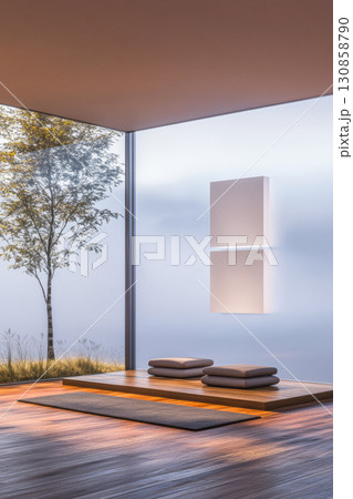 Serene meditation space with natural light and calming decor in a tranquil setting Serene meditation space with natural light and calming decor in a tranquil setting 130858790
