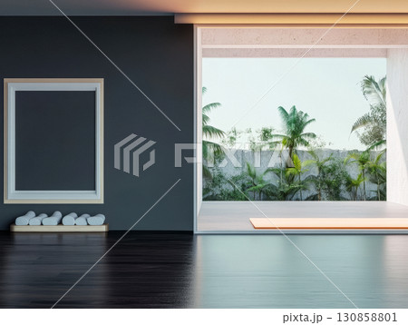 Modern interior design featuring a minimalist room with large windows and tropical landscape outside 130858801
