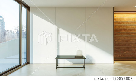 Bright, minimalistic interior with a wooden accent wall and natural light in a modern space 130858807