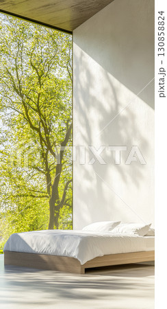 Peaceful bedroom with a view of lush greenery on a sunny afternoon Peaceful bedroom with a view of lush greenery on a sunny afternoon 130858824