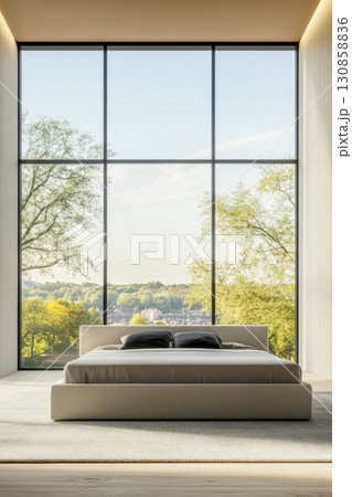 Modern bedroom with large windows showcasing a serene outdoor landscape during daylight hours 130858836
