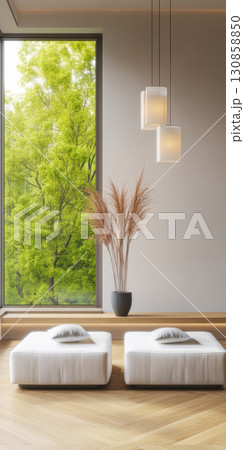 Modern interior design featuring cozy seating and a view of vibrant greenery in a tranquil setting Modern interior design featuring cozy seating and a view of vibrant greenery in a tranquil setting 130858850