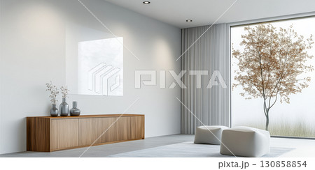 Modern living room with minimalist design featuring natural light and simple furniture in a peaceful setting Modern living room with minimalist design featuring natural light and simple furniture in a peaceful setting 130858854