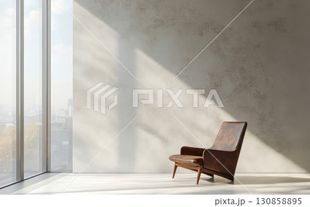 Modern interior design highlights a minimalist brown chair in a spacious room with large windows and natural light 130858895
