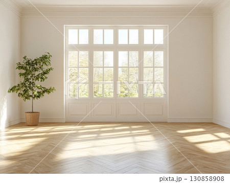 Bright and airy room with large windows and a potted plant during daylight 130858908