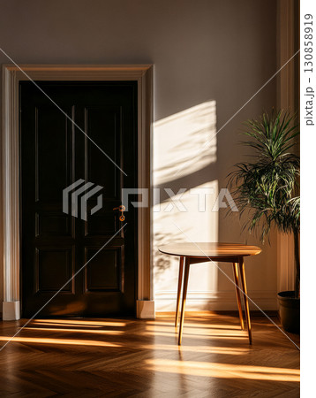 Warm sunlight streaming through a door onto a wooden table and plant in a modern interior space 130858919